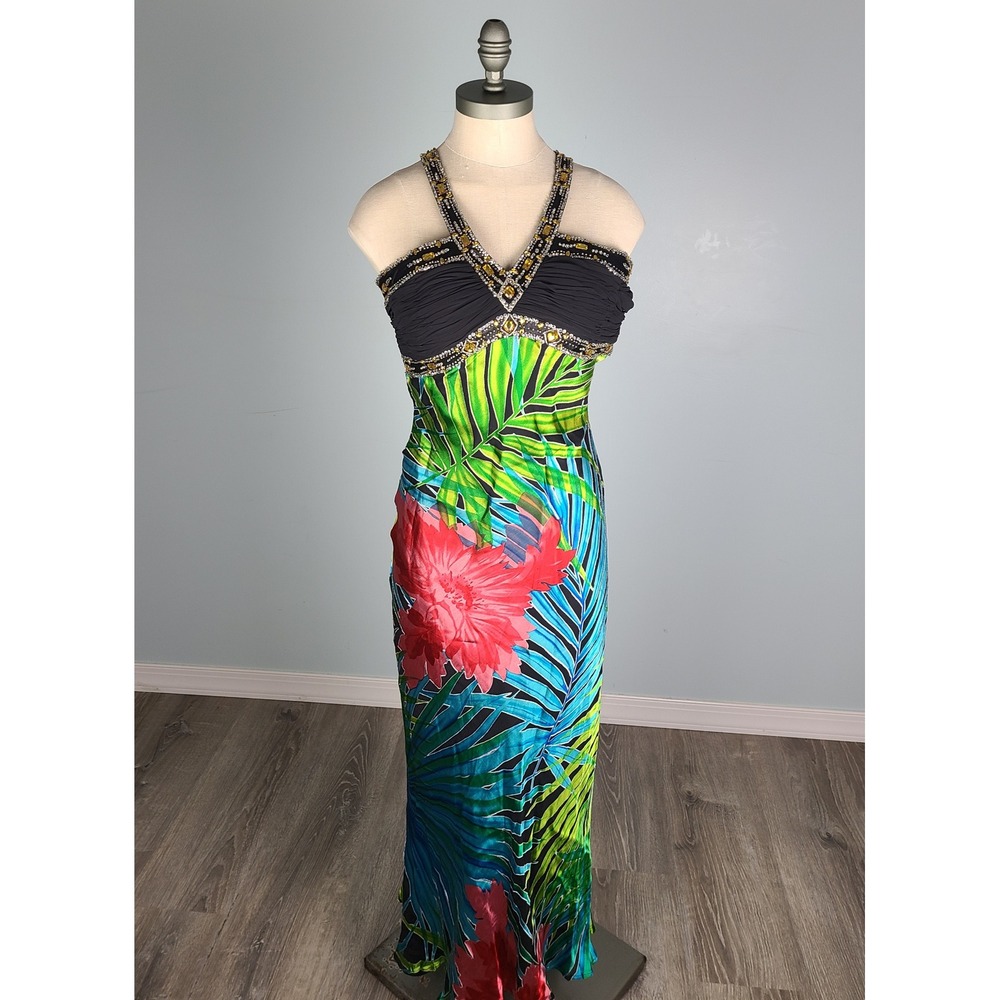 VTG Y2K Dave & Johnny 4 100% Silk Beaded Babydoll Maxi Dress Formal DEADSTOCK